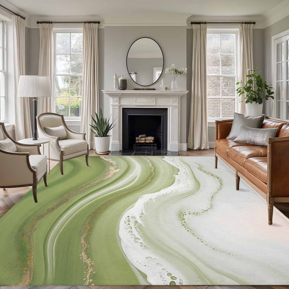 Area Rug for Living Room, Green Abstract Non-Slip Indoor Ex Large Carpet for Bedroom/Dining Room, Waves Gradient Water Ripple Striped Washable Low-Profile Rectangle Floor Runner Rugs - 8 x 10 Ft