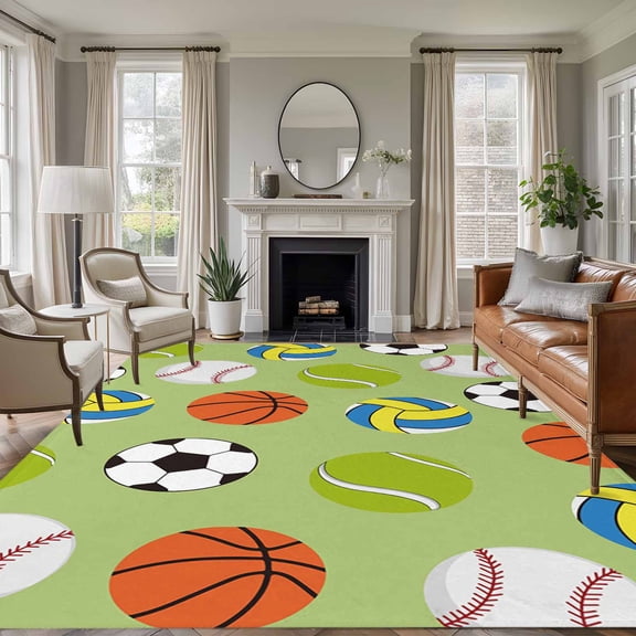 Area Rug for Living Room, Green Balls Non-Slip Indoor Large Carpet for Bedroom/Dining Room, Baseball Tennis Basketball Football Washable Low-Profile Rectangle Floor Runner Rugs - 6 x 9 Ft