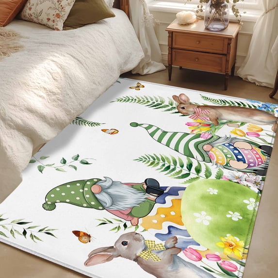 Area Rug for Living Room, Green Easter Non-Slip Indoor Large Carpet for Bedroom/Dining Room, Eggs Gnomes Bunny Elegant Farmhouse Washable Low-Profile Rectangle Floor Runner Rugs - 4 x 6 Ft