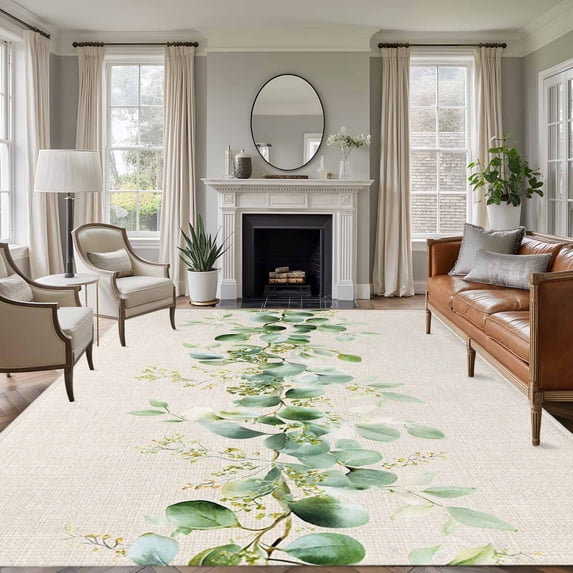 Area Rug for Living Room, Green Eucalyptus Leaves Non-Slip Indoor Ex Large Carpet for Bedroom/Dining Room, Vintage Art Farmhouse Rustic Washable Low-Profile Rectangle Floor Runner Rugs - 8 x 10 Ft
