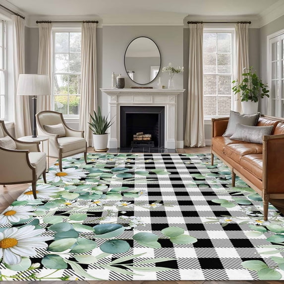 Area Rug for Living Room, Green Eucalyptus Leaves Non-Slip Indoor Large Carpet for Bedroom/Dining Room, Summer Botanical Daisy Black Plaid Washable Low-Profile Rectangle Floor Runner Rugs - 5 x 7 Ft