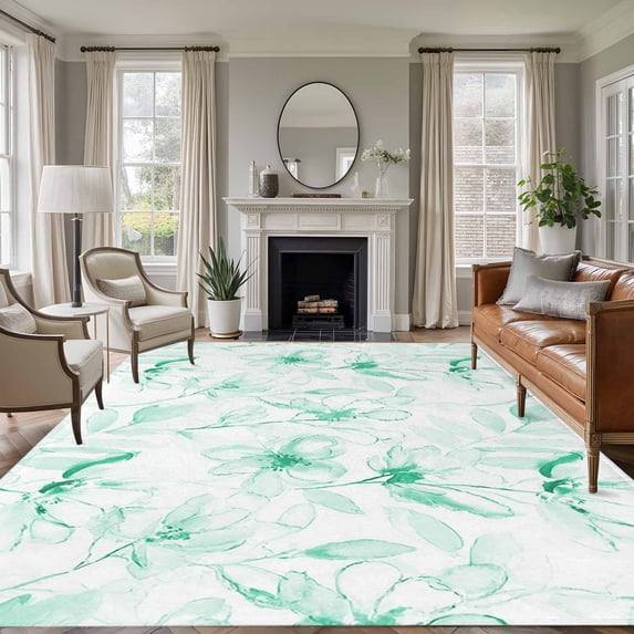 Area Rug for Living Room, Green Flower Non-Slip Indoor Ex Large Carpet for Bedroom/Dining Room, Watercolor Floral Botanical Line Drawing Print Washable Low-Profile Floor Runner Rugs - 8 x 10 Ft