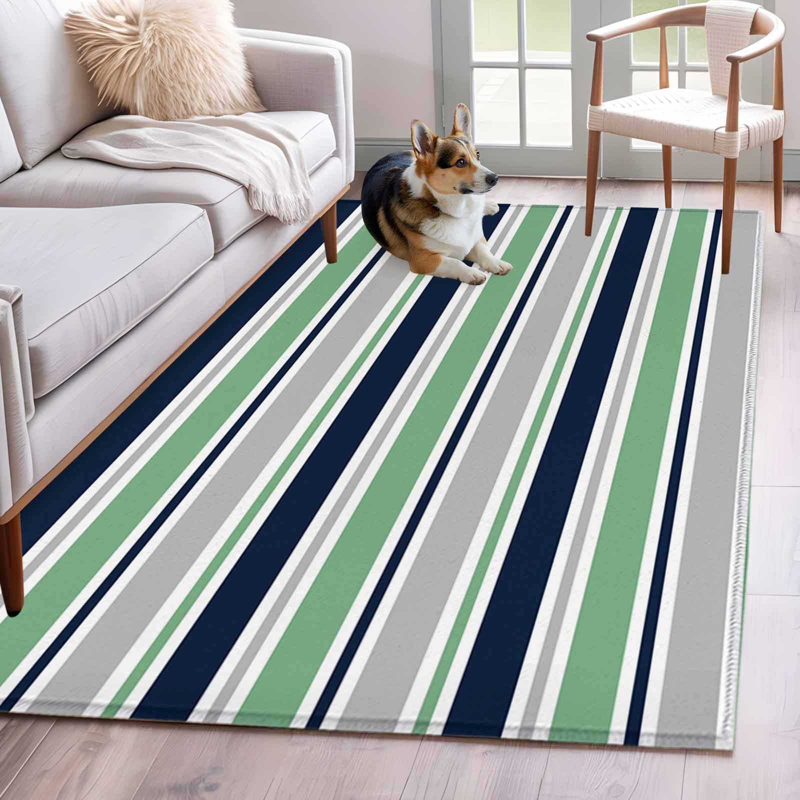 Area Rug for Living Room, Green Grey Striped Non-Slip Indoor Large ...