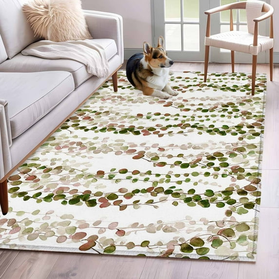 Area Rug for Living Room, Green Pink Weeping Eucalyptus Non-Slip Indoor Large Carpet for Bedroom/Dining Room, Spring Summer Farmhouse Leaves Washable Rectangle Floor Runner Rugs - 4 x 6 Ft