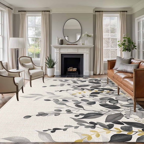 Area Rug for Living Room, Grey Eucalyptus Non-Slip Indoor Large Carpet for Bedroom/Dining Room, Farmhouse Weeping Leaves on Linen Washable Low-Profile Rectangle Floor Runner Rugs - 6 x 9 Ft