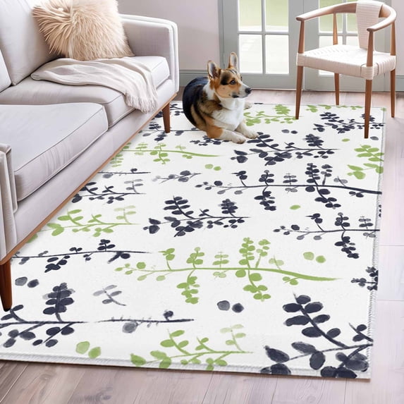 Area Rug for Living Room, Grey Green Botanical Non-Slip Indoor Large Carpet for Bedroom/Dining Room, Watercolor Spring Floral Summer Leaf Washable Low-Profile Floor Mat Runner Rugs - 3 x 5 Ft
