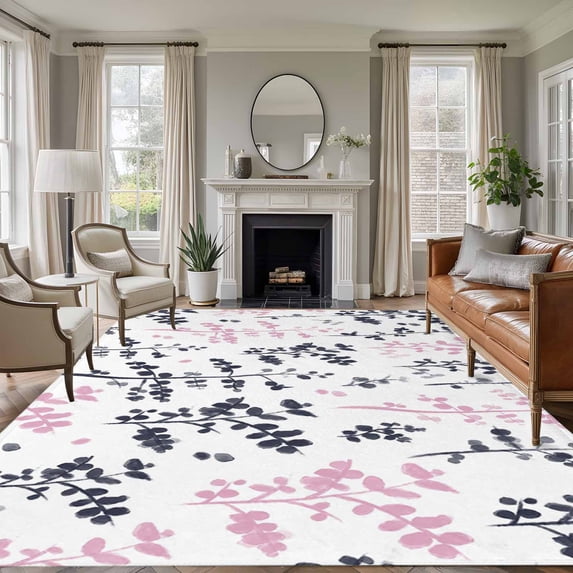 Area Rug for Living Room, Grey Pink Botanical Non-Slip Indoor Large Carpet for Bedroom/Dining Room, Watercolor Spring Floral Summer Leaf Washable Low-Profile Rectangle Floor Runner Rugs - 6 x 9 Ft