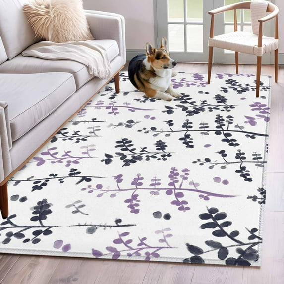 Area Rug for Living Room, Grey Purple Botanical Non-Slip Indoor Large Carpet for Bedroom/Dining Room, Watercolor Spring Floral Summer Leaf Washable Low-Profile Floor Mat Runner Rugs - 2.7 x 5 Ft