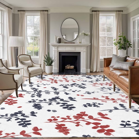 Area Rug for Living Room, Grey Red Botanical Non-Slip Indoor Large Carpet for Bedroom/Dining Room, Watercolor Spring Floral Summer Leaf Washable Low-Profile Rectangle Floor Runner Rugs - 5 x 7 Ft