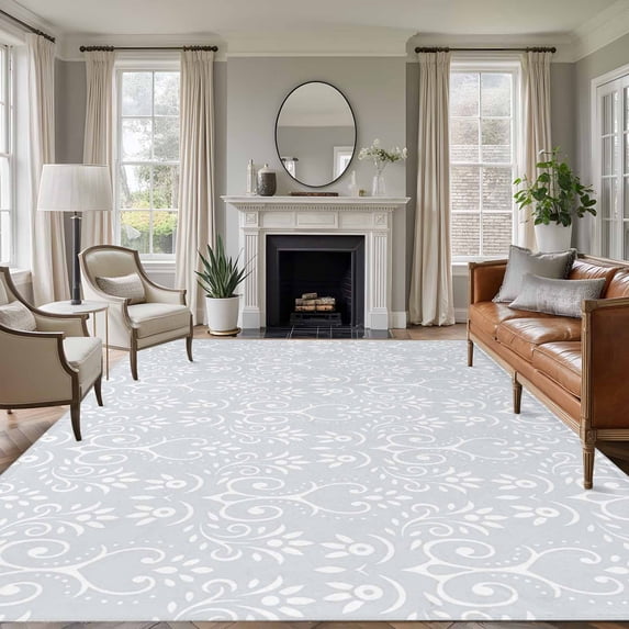 Area Rug for Living Room, Grey Spring Floral Non-Slip Indoor Ex Large Carpet for Bedroom/Dining Room, Modern Abstract Art Farmhouse Washable Low-Profile Rectangle Floor Runner Rugs - 8 x 10 Ft