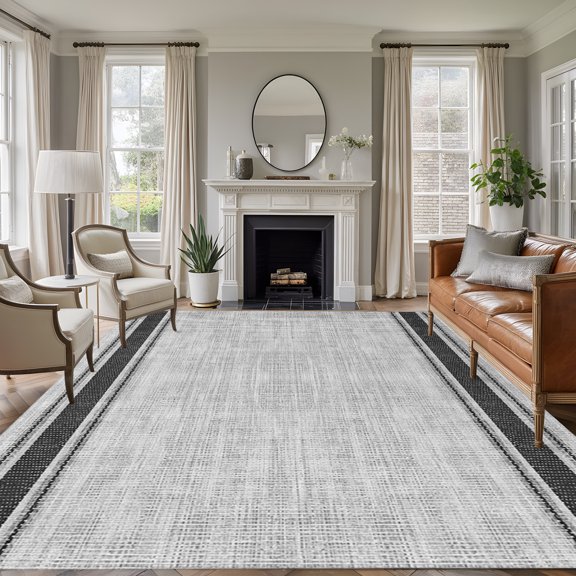 Area Rug for Living Room, Grey Striped Non-Slip Indoor Ex Large Carpet for Bedroom/Dining Room, Contemporary Horizontal Stripes Abstract Art Low-Profile Rectangle Floor Runner Rugs - 8 x 10 Ft