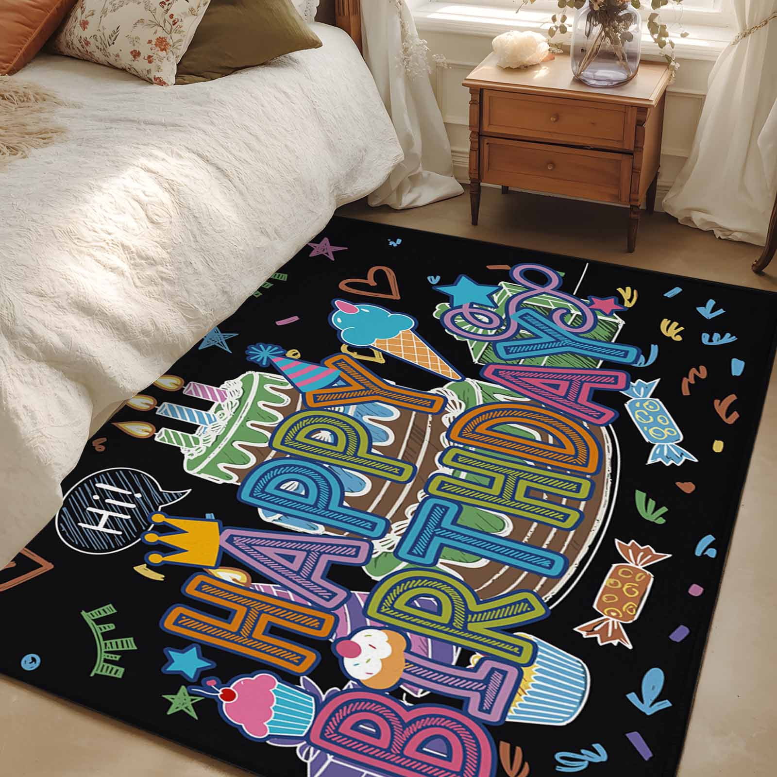 Area Rug for Living Room, HAPPY BIRTHDAY Non-Slip Indoor Large Carpet ...