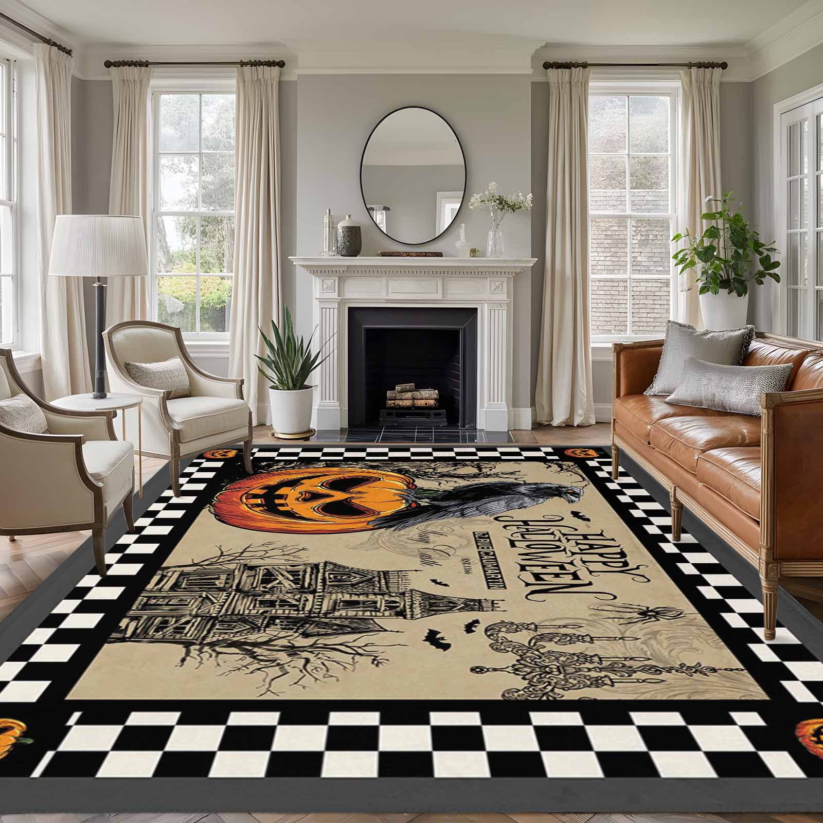 Area Rug for Living Room, Halloween Evil Pumpkin Non-Slip Indoor Ex ...