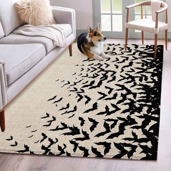 Area Rug for Living Room, Halloween Non-Slip Indoor Large Carpet for Bedroom/Dining Room, Beige Rustic Horror Bat Spooky Halloween Washable Low-Profile Rectangle Floor Mat Runner Rugs - 3 x 5 Ft