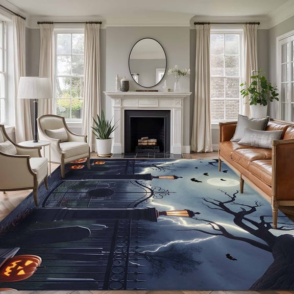 Area Rug for Living Room, Halloween Non-Slip Indoor Large Carpet for Bedroom/Dining Room, Horror Graveyard Manor Moonlight Lightning Washable Low-Profile Rectangle Floor Runner Rugs - 6 x 9 Ft