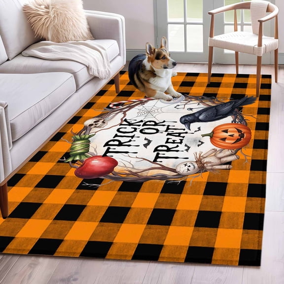 Area Rug for Living Room, Halloween Non-Slip Indoor Large Carpet for Bedroom/Dining Room, Horror Pumpkin Crow Skull Orange Black Checkered Low-Profile Rectangle Floor Mat Runner Rugs - 3 x 5 Ft