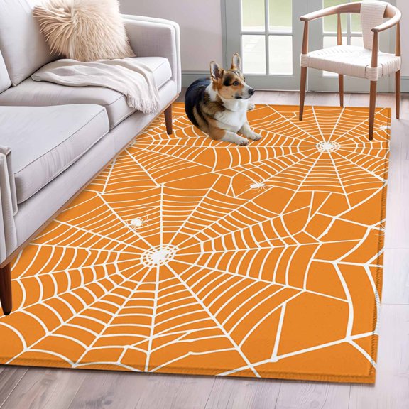 Area Rug for Living Room, Halloween Non-Slip Indoor Large Carpet for Bedroom/Dining Room, Orange Spi-der Web Halloween Spi-der Washable Low-Profile Rectangle Floor Runner Rugs - 4 x 6 Ft