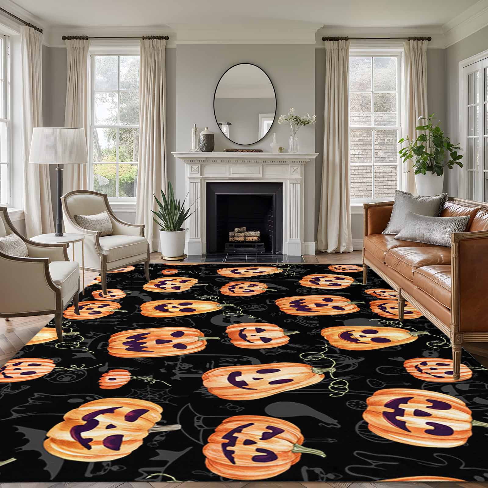 Large Spooky Rug Area Rug for Living Room, Halloween Pumpkins Non-Slip Indoor Large ...