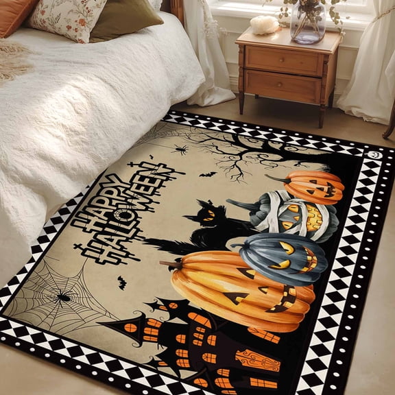 Area Rug for Living Room, Halloween Pumpkins Non-Slip Indoor Large Carpet for Bedroom/Dining Room, Horror Black Cat Spooky Bat Washable Low-Profile Rectangle Floor Mat Runner Rugs - 3 x 5 Ft