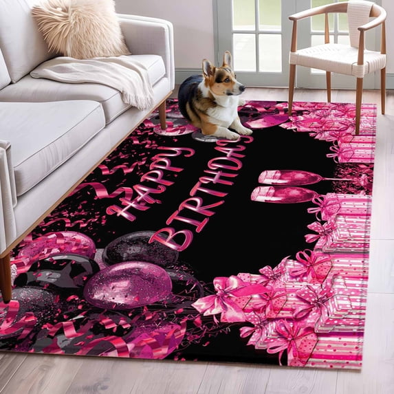 Area Rug for Living Room, Happy Birthday Pink Non-Slip Indoor Large Carpet for Bedroom/Dining Room, Gifts Balloons Goblet Glitter Ribbons Black Washable Low-Profile Floor Mat Runner Rugs - 3 x 5 Ft