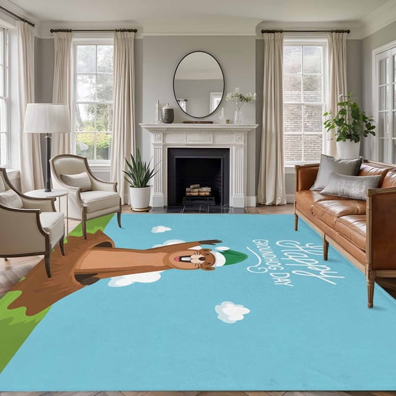 Area Rug for Living Room, Happy Groundhog Day Non-Slip Indoor Large Carpet for Bedroom/Dining Room, Cartoon Ground Hog Hole Blue Sky Country Washable Rectangle Floor Runner Rugs - 5 x 7 Ft