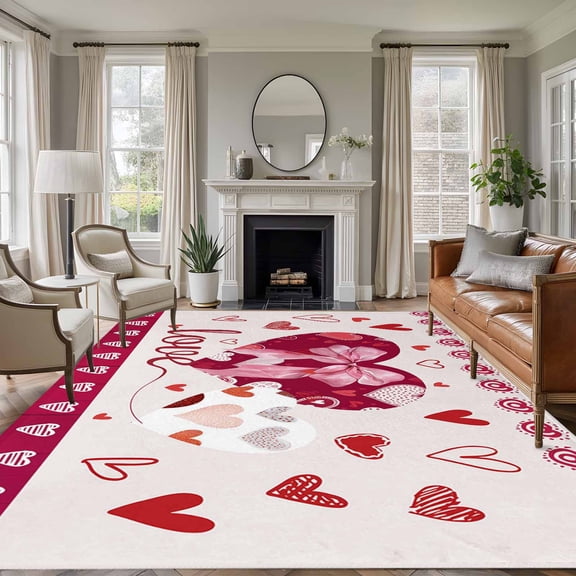 Area Rug for Living Room, Happy Valentine's Day Non-Slip Indoor Ex Large Carpet for Bedroom/Dining Room, Beige Love Hearts Romantic Washable Low-Profile Rectangle Floor Runner Rugs - 8 x 10 Ft