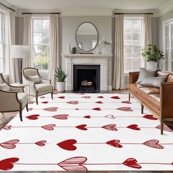 Area Rug for Living Room, Happy Valentine's Day Non-Slip Indoor Ex Large Carpet for Bedroom/Dining Room, Red Love Hearts Watercolor Washable Low-Profile Rectangle Floor Runner Rugs - 8 x 10 Ft