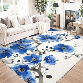Area Rug Living Room, Ink Painting Oriental Elegant Flowers Rugs, Non Slip White Blue Rugs, Washable Floor Mat for Bedroom Dining Room Home Office Decor-2' x 3'