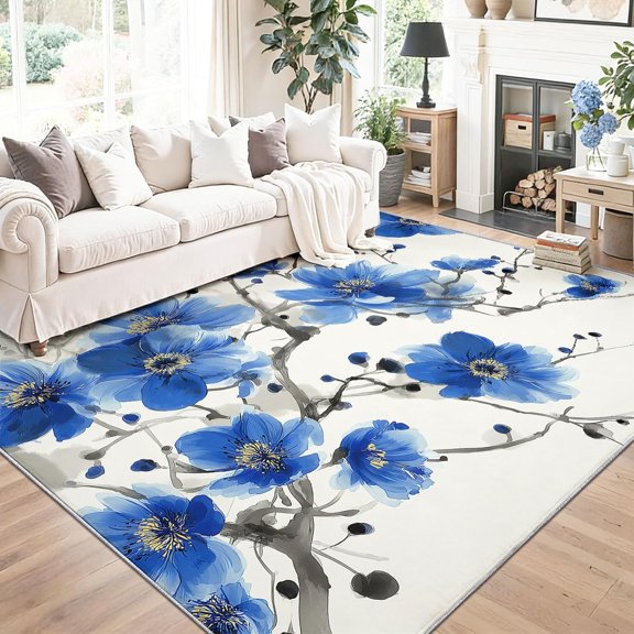 Area Rug Living Room, Ink Painting Oriental Elegant Flowers Rugs, Non Slip White Blue Rugs, Washable Floor Mat for Bedroom Dining Room Home Office Decor-5' x 8'