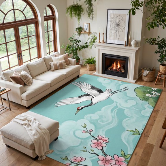 Area Rug for Living Room Japanese Cherry Blossoms Cranes Washable Rug 5x7ft, Soft Non-Slip Cushion Rugs Chenille Sponge, Pineapple Clouds Floor Carpet for Bedroom Dining Room Office Nursery