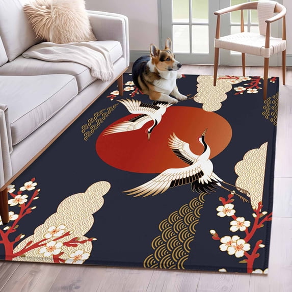 Area Rug for Living Room, Japanese Style Non-Slip Indoor Large Carpet for Bedroom/Dining Room, Modern Cranes Cherry Flower Wave Red Blue Washable Low-Profile Rectangle Floor Runner Rugs - 4 x 6 Ft