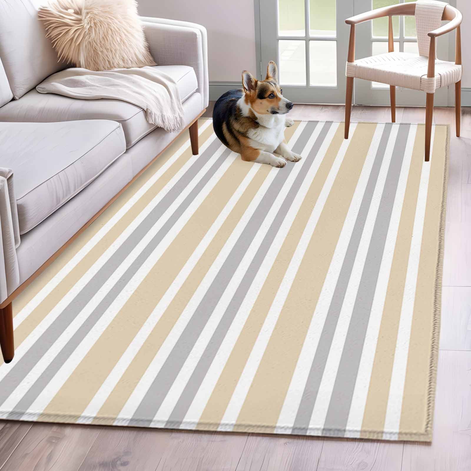 Area Rug for Living Room, Khaki Stripes Non-Slip Indoor Large Carpet ...