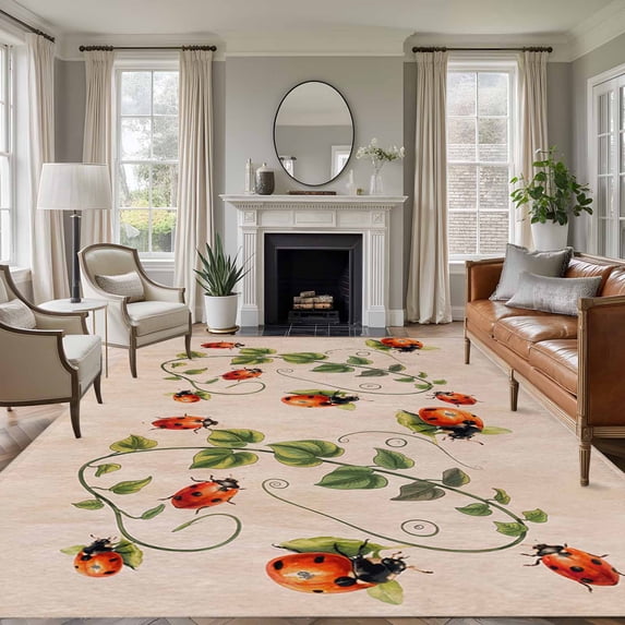 Area Rug for Living Room, Ladybugs Eucalyptus Non-Slip Indoor Ex Large Carpet for Bedroom/Dining Room, Spring Botanical Leaves Retro Washable Low-Profile Rectangle Floor Runner Rugs - 8 x 10 Ft