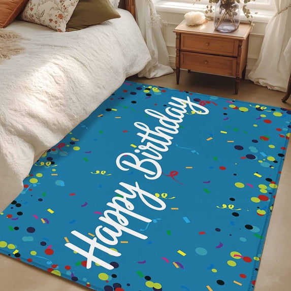 Area Rug for Living Room, Lake Blue Birthday Non-Slip Indoor Large Carpet for Bedroom/Dining Room, Colorful Confetti Ribbons Polka Dots Classroom Washable Low-Profile Floor Runner Rugs - 4 x 6 Ft