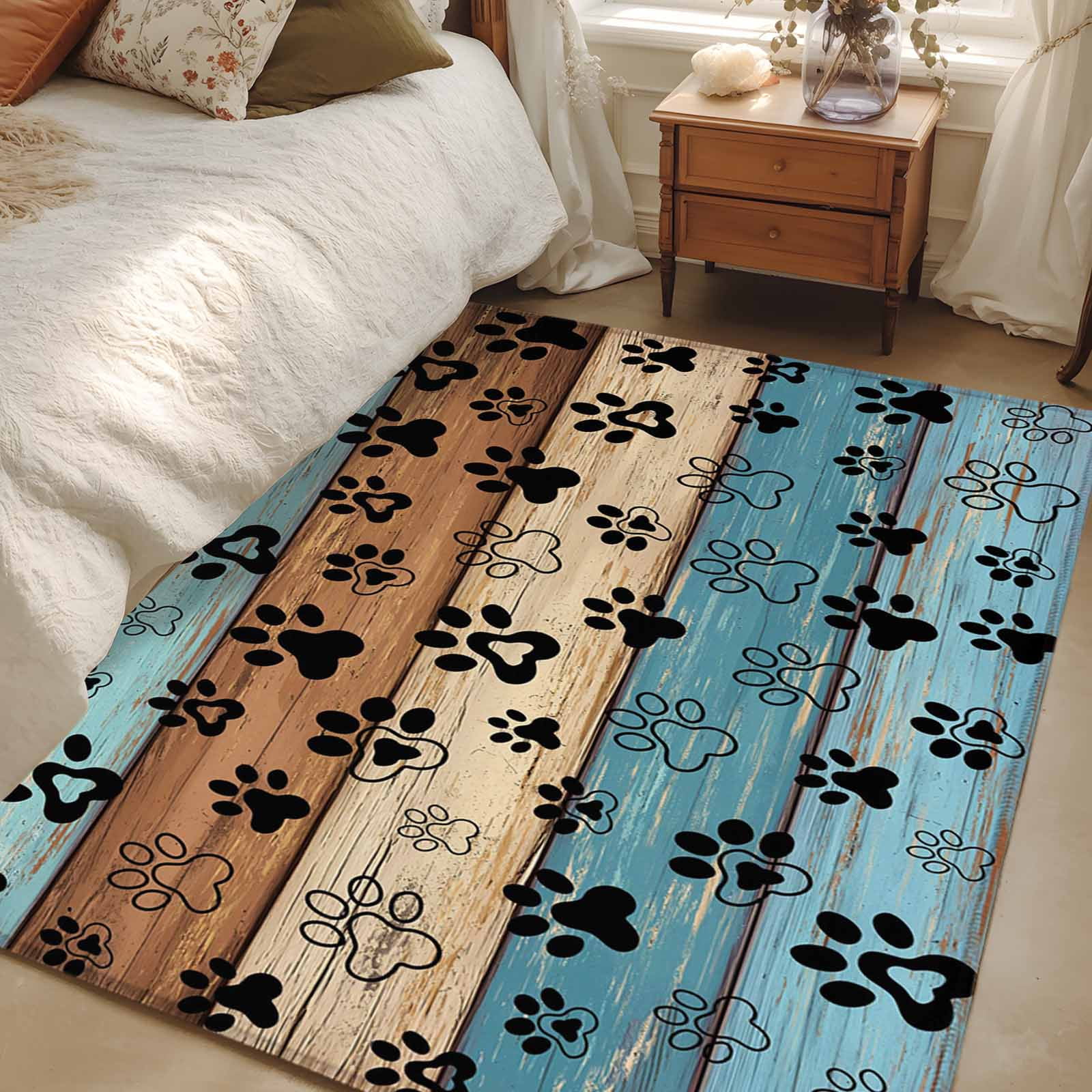 Area Rug for Living Room, Light Blue Brown Non-Slip Indoor Large Carpet for Bedroom/Dining Room, Rustic Farmhouse Dog Paw Vintage Washable Low-Profile Rectangle Floor Mat Runner Rugs - 2.7 x 5 Ft