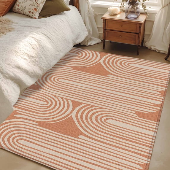 Area Rug for Living Room, Line Texture Non-Slip Indoor Large Carpet for Bedroom/Dining Room, Orange Abstract Art Retro Washable Low-Profile Rectangle Floor Mat Runner Rugs - 3 x 5 Ft