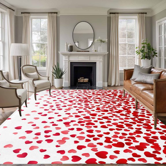 Area Rug for Living Room, Love Hearts Fallen Non-Slip Indoor Ex Large Carpet for Bedroom/Dining Room, Valentines Day Red Loving Washable Low-Profile Rectangle Floor Runner Rugs - 8 x 10 Ft