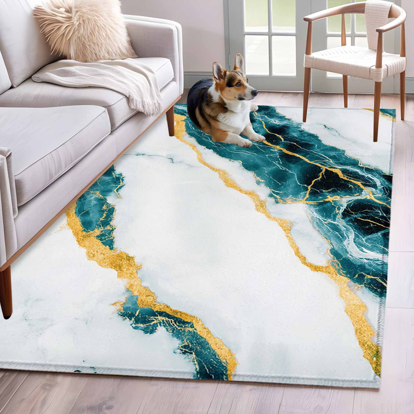 Area Rug for Living Room, Marble Turquoise Non-Slip Indoor Large Carpet ...