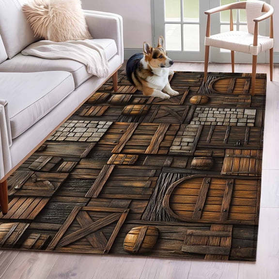 Area Rug for Living Room, Medieval Non-Slip Indoor Large Carpet for Bedroom/Dining Room, Old Farmhouse Vintage Wood Cabin Country Washable Low-Profile Rectangle Floor Runner Rugs - 4 x 6 Ft