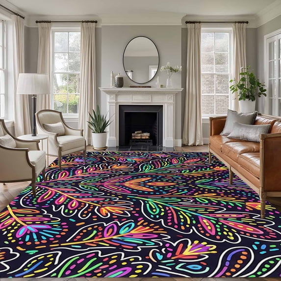 Area Rug for Living Room, Mexico Flower Non-Slip Indoor Large Carpet for Bedroom/Dining Room, Abstract Geometric Colorful Floral Plant Washable Low-Profile Rectangle Floor Runner Rugs - 5 x 8 Ft