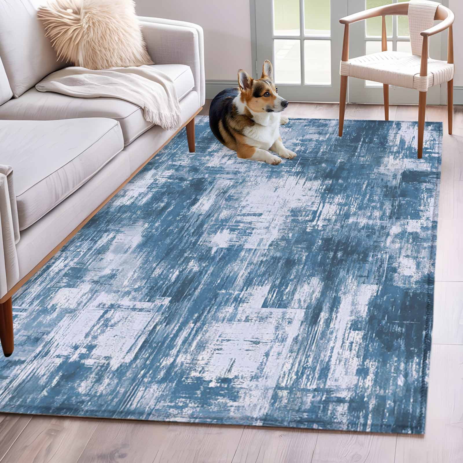 Area Rug for Living Room, Modern Blue Non-Slip Indoor Large Carpet for Bedroom/Dining Room, Vintage Abstract Art Contemporary Washable Low-Profile Rectangle Floor Runner Rugs - 4 x 6 Ft