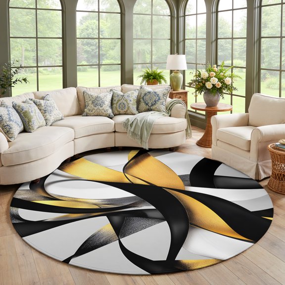 Area Rug for Living Room Modern Geometric Stripe Texture Washable Round Rug 5ft, Soft Non-Slip Cushion Rugs Chenille Sponge, Abstract Gold Black White Line Floor Carpet for Bedroom Dining Room Office