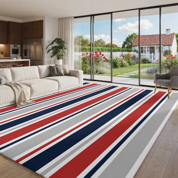 Area Rug for Living Room Modern Navy Blue Gray Red Stripe Washable Rug 8x10ft, Soft Non-Slip Cushion Rugs Chenille Sponge, Abstract Minimalist Line Floor Carpet for Bedroom Dining Room Office Nursery