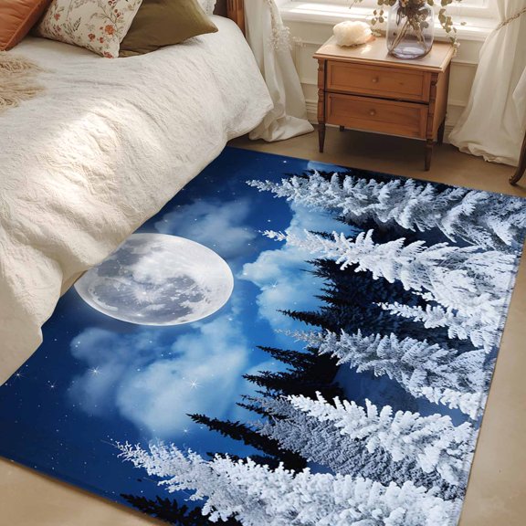 Area Rug for Living Room, Moonlight Landscapes Non-Slip Indoor Large Carpet for Bedroom/Dining Room, Winter Christmas Trees Forest Washable Low-Profile Rectangle Floor Mat Runner Rugs - 2.7 x 5 Ft