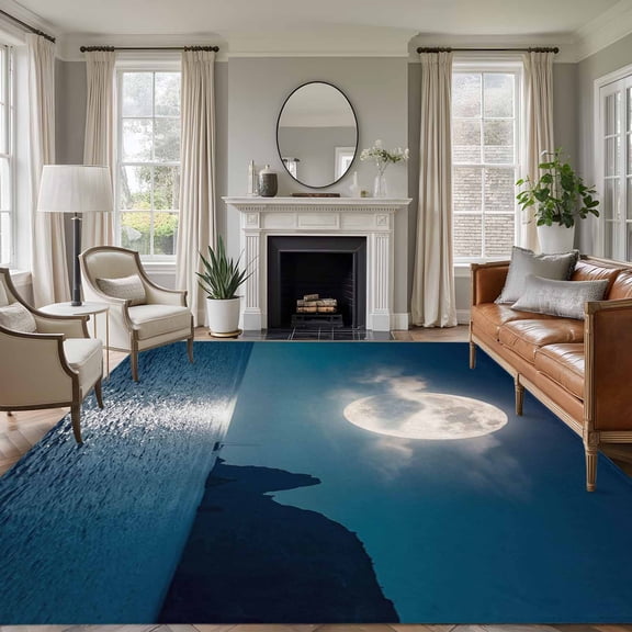 Area Rug for Living Room, Moonlight Sea Night Non-Slip Indoor Large Carpet for Bedroom/Dining Room, Abstract Modern Art Ocean Cloud Washable Low-Profile Rectangle Floor Runner Rugs - 6 x 9 Ft