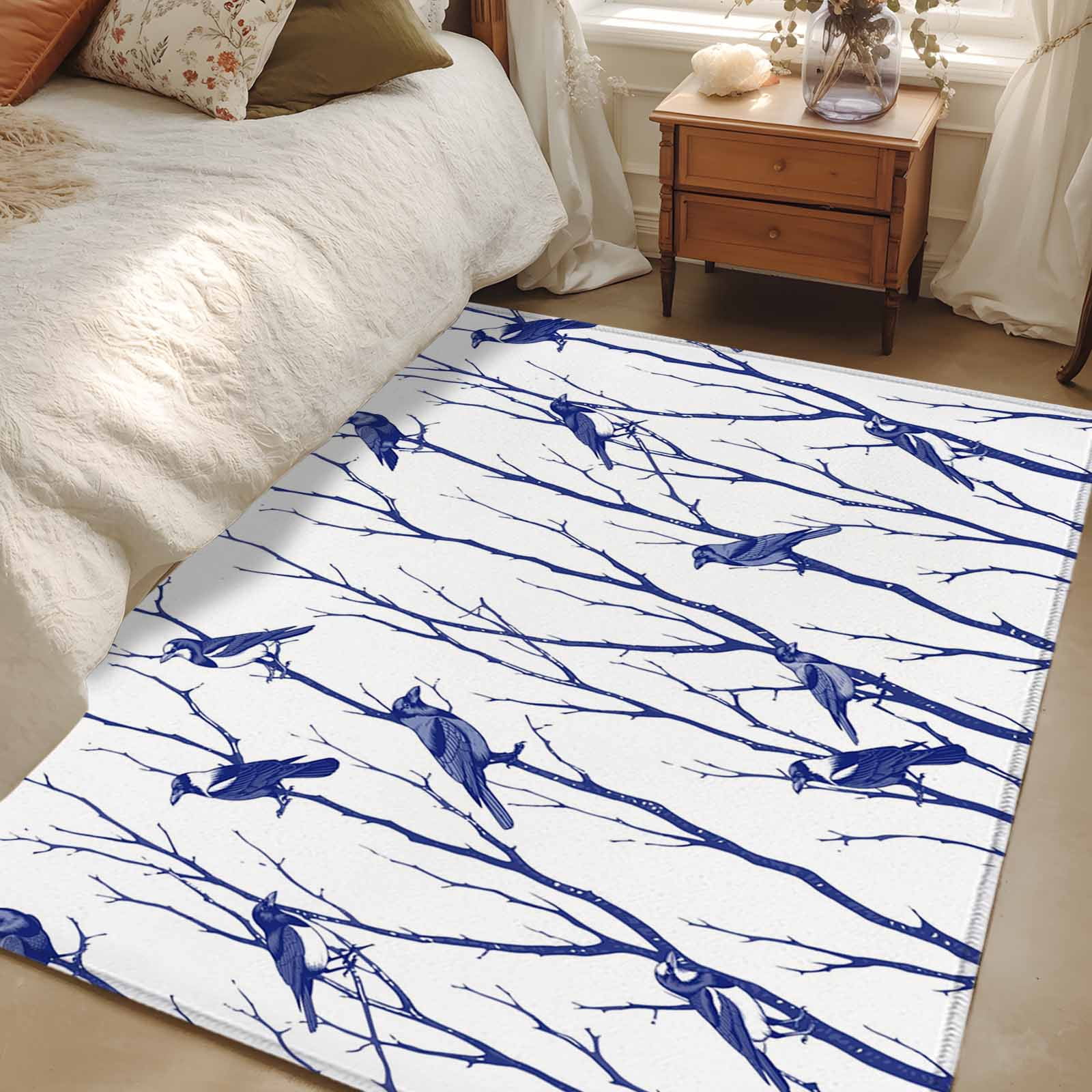 Low Profile Blue Rug Area Rug for Living Room, Navy Blue Branches Birds Non-Slip Indoor ...