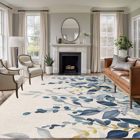 Area Rug for Living Room, Navy Blue Eucalyptus Non-Slip Indoor Large Carpet for Bedroom/Dining Room, Farmhouse Weeping Leaves Linen Washable Low-Profile Rectangle Floor Runner Rugs - 5 x 8 Ft