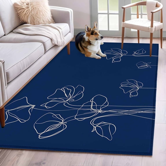 Area Rug for Living Room, Navy Blue Flowers Non-Slip Indoor Large Carpet for Bedroom/Dining Room, Rustic Abstract Floral Simple Art Washable Low-Profile Rectangle Floor Mat Runner Rugs - 2.7 x 5 Ft