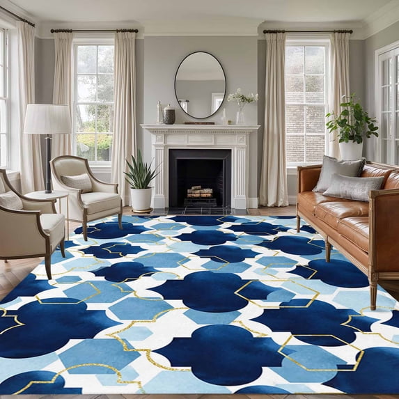 Area Rug for Living Room, Navy Blue Geometric Moroccan Non-Slip Indoor Large Carpet for Bedroom/Dining Room, Abstract Art Blue Ombre Modern Washable Low-Profile Rectangle Floor Runner Rugs - 5 x 7 Ft