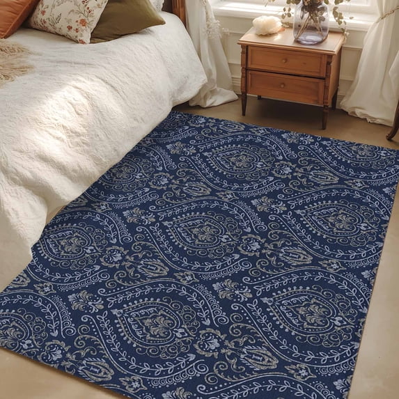 Area Rug for Living Room, Navy Blue Non-Slip Indoor Large Carpet for Bedroom/Dining Room, Boho Vintage Ethnic Tribe Abstract Art Washable Low-Profile Rectangle Floor Mat Runner Rugs - 3 x 5 Ft